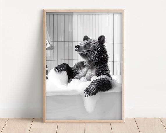 Bear Taking A Bath Poster Or Canvas Funny Bathroom Wall Art Animals In Bathtub Vintage Style Retro Photo Print Cute Decor