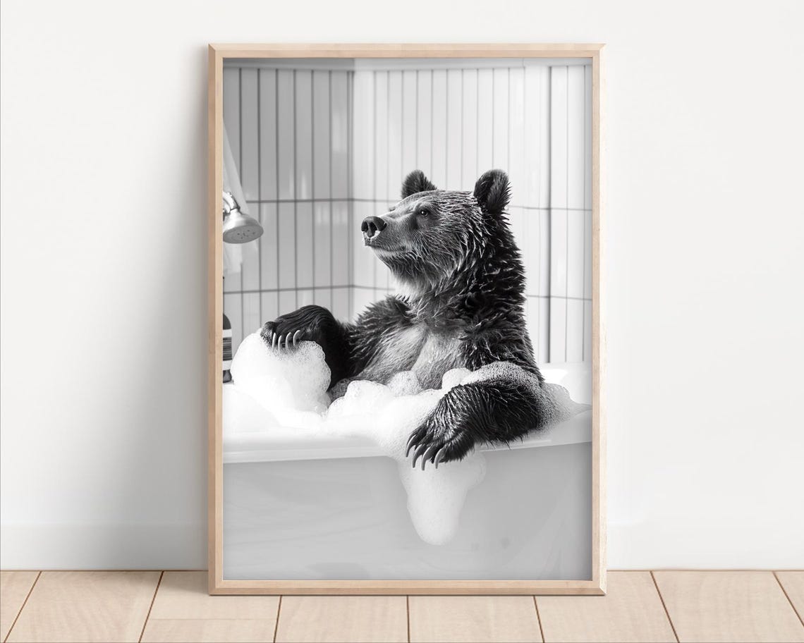 Bear Taking Bubble Bath Black White Cute Funny Bathroom Wall Art