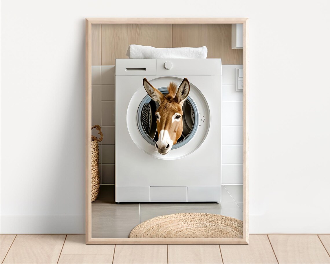 Donkey In A Washing Machine Poster Or Canvas Funny Bathroom Wall Art Cute Laundry Room Decor Retro Animals Print