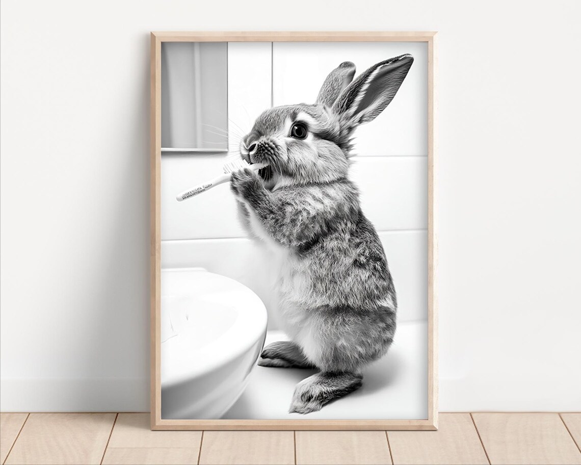 Bunny Brushing Teeth Retro Animal Humor Art Print