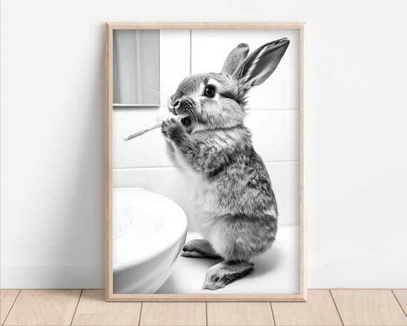 Bunny Brushing Teeth Retro Animal Humor Art Print