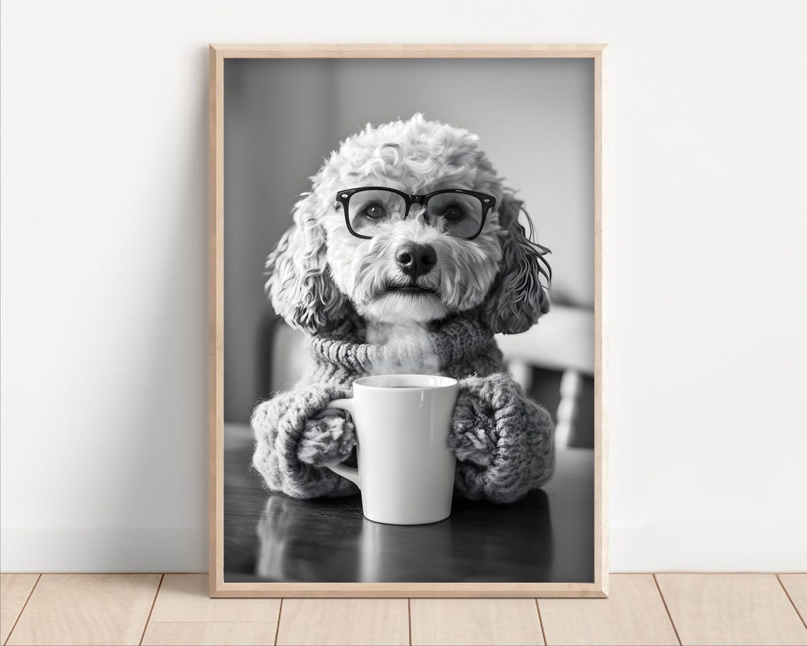 Cockapoo Dog Drinking Coffee Wearing Glasses Poster Or Canvas Funny Kitchen Wall Art Lover Humor Cute Animal Decor Lovers