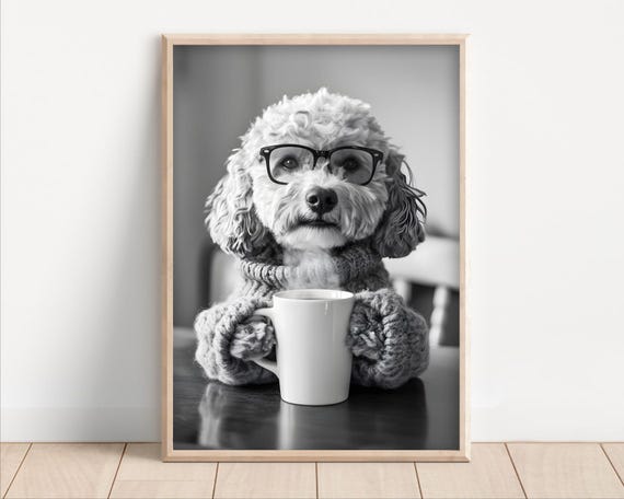 Cockapoo Dog Drinking Coffee Wearing Glasses Poster Or Canvas Funny Kitchen Wall Art Lover Humor Cute Animal Decor Lovers