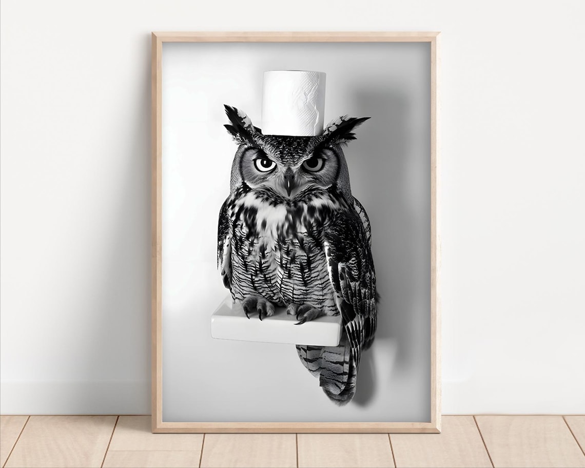 Owl With Toilet Paper Funny Bathroom Wall Art Print