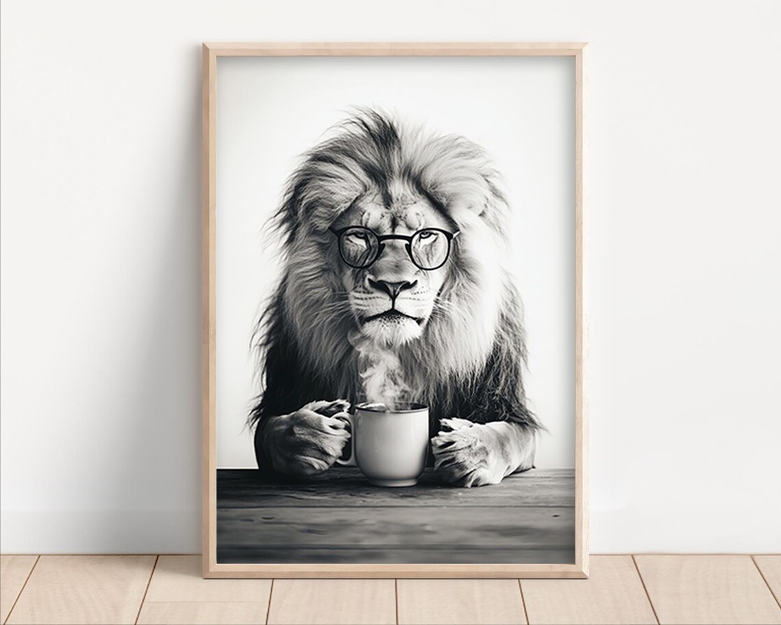 Lion Drinking Coffee Funny Kitchen Art Print