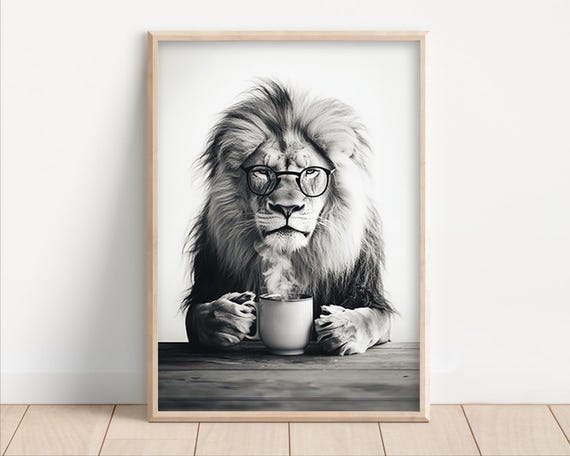 Lion Drinking Coffee Funny Kitchen Art Print