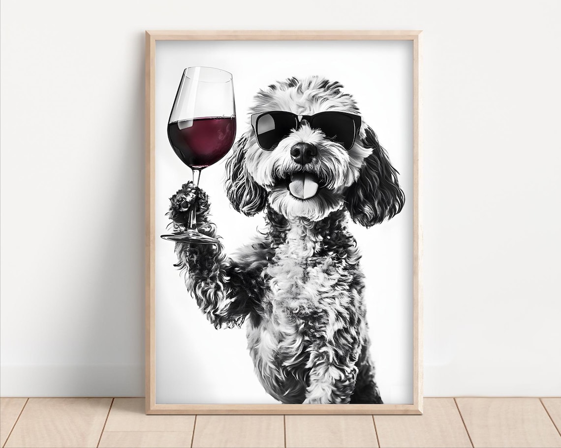Cockapoo Dog Drinking Wine With Sunglasses Art Print
