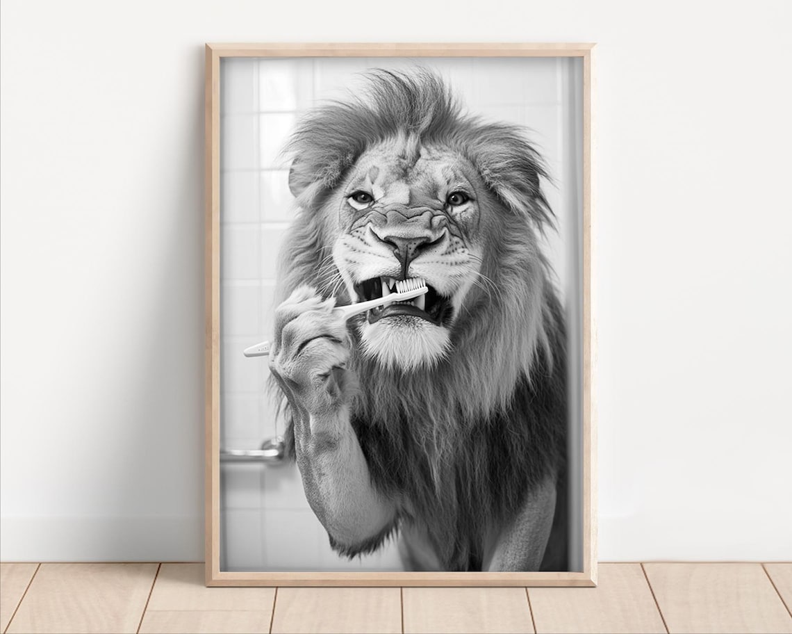 Lion Brushing Teeth Vintage Style Animal Print