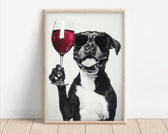 Boxer Dog Drinking Wine Wearing Sunglasses Poster Or Canvas Lover Decor Funny Kitchen Wall Art Humor Dining Room