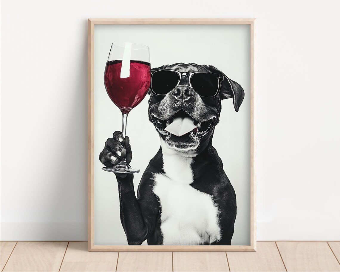 Boxer Dog Drinking Wine Wearing Sunglasses Poster Or Canvas Lover Decor Funny Kitchen Wall Art Humor Dining Room