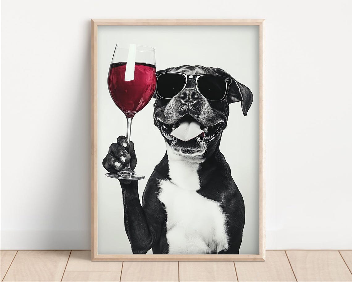 Funny Pit Bull Dog In Sunglasses Holding Red Wine Glass Poster