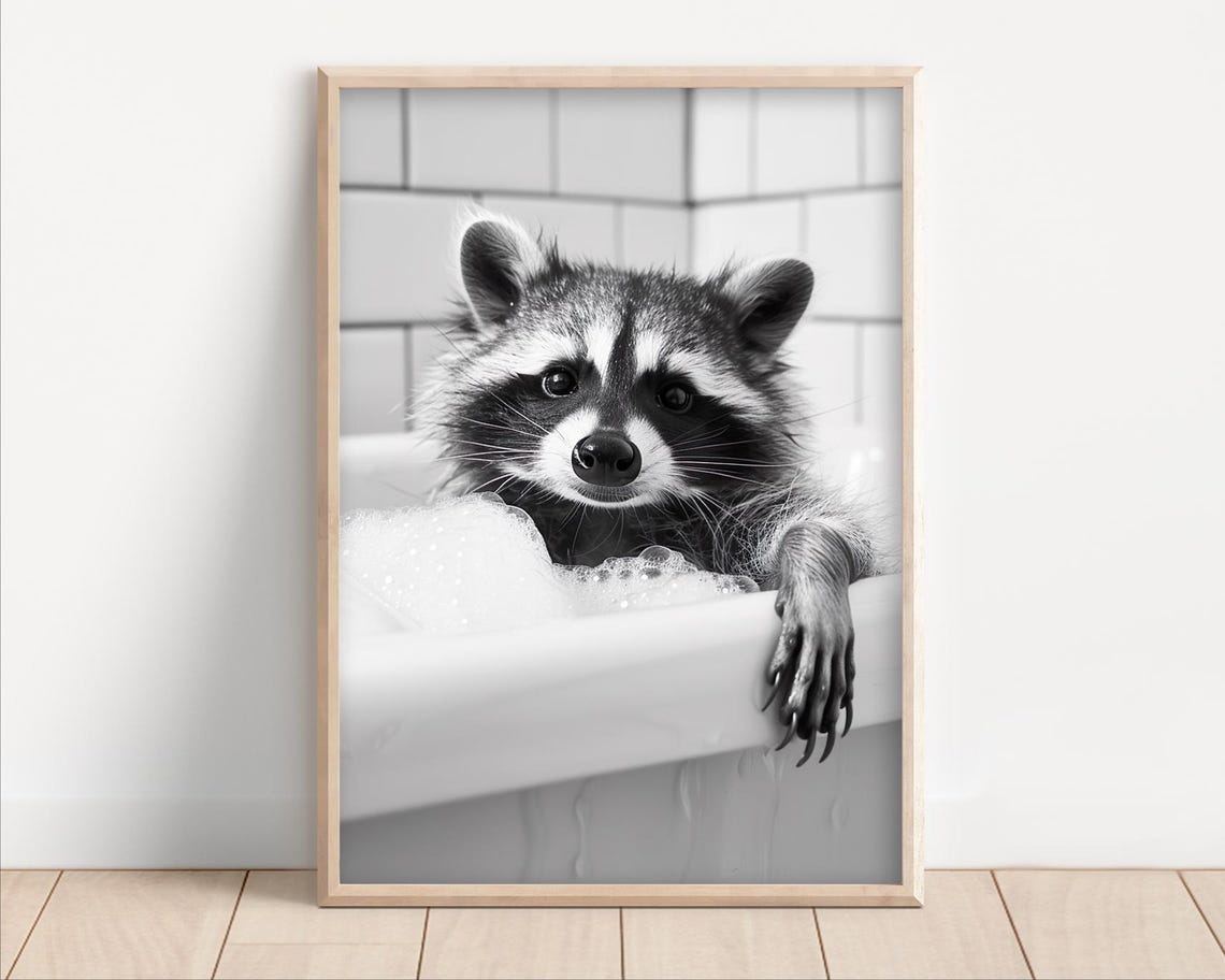 Cute Curious Raccoon Relaxing in a Bubble Bath Funny Animal Poster