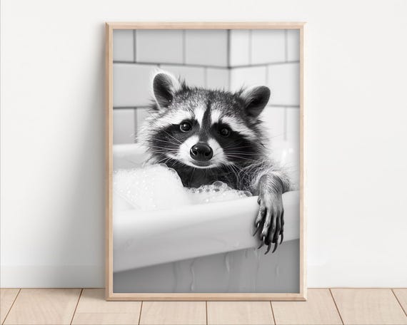Raccoon Taking A Bath Poster Or Canvas Funny Bathroom Wall Art Animals In Bathtub Vintage Style Retro Print Cute Decor