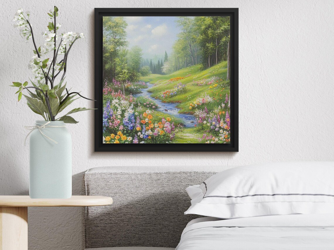 Serene Forest Stream Wildflower Meadow Lush Green Woods Nature Poster - Image 3