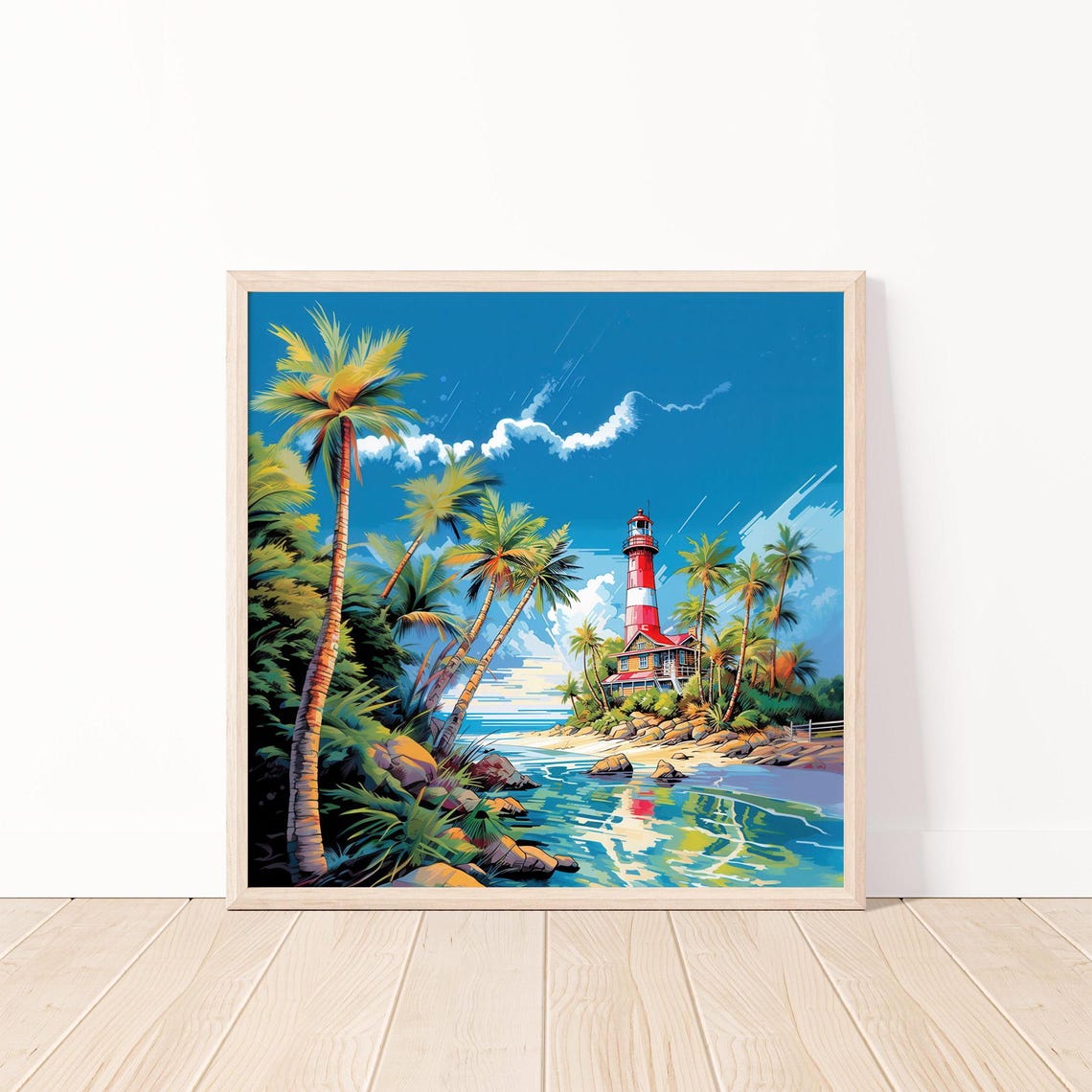 Retro Tropical Lighthouse With Palm Trees on a Sunny Coast Poster
