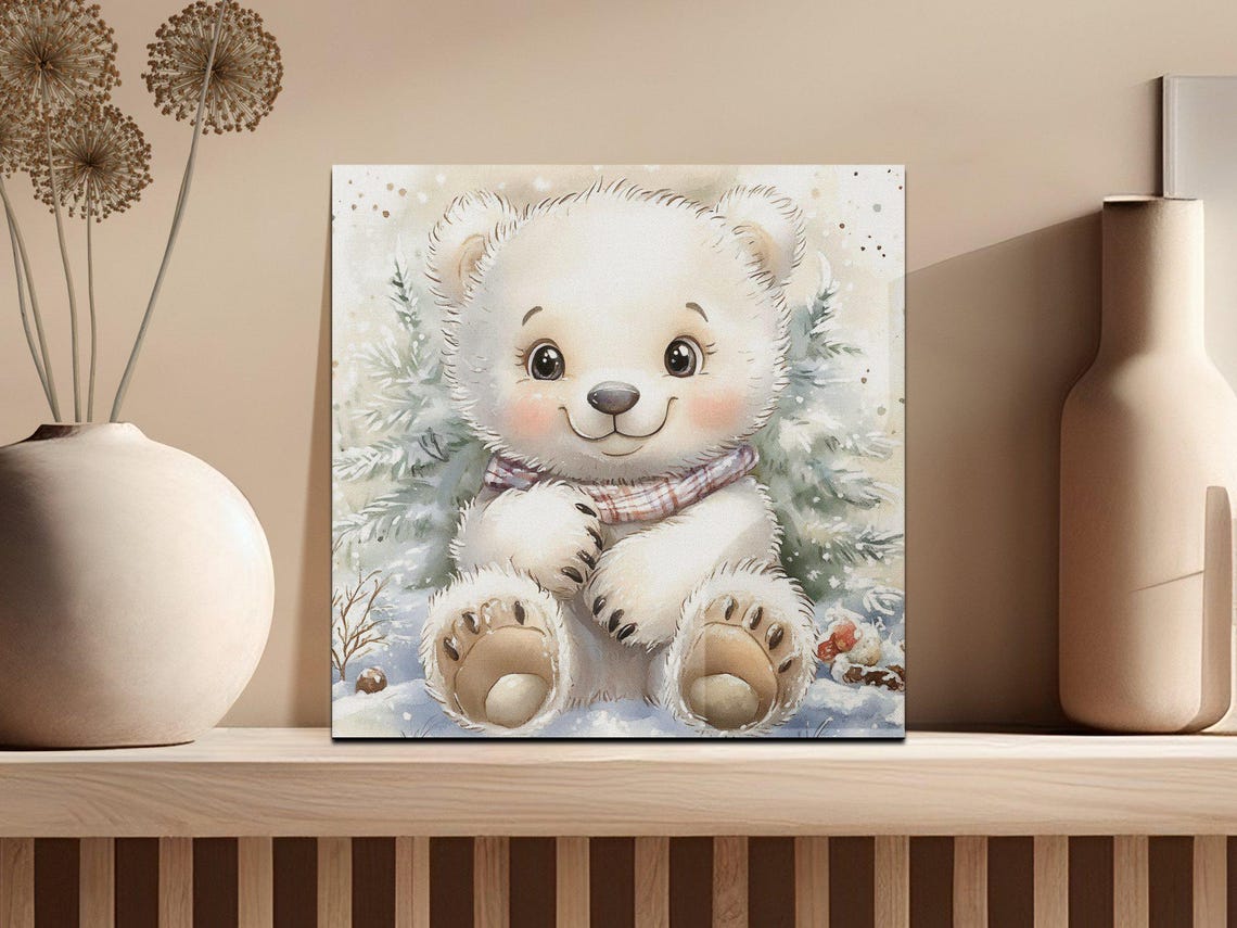 Cute White Teddy Bear With Scarf in a Snowy Winter Scene Poster - Image 2
