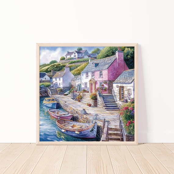 Quaint Seaside Village Harbor Cottages Boats Watercolor Painting Poster