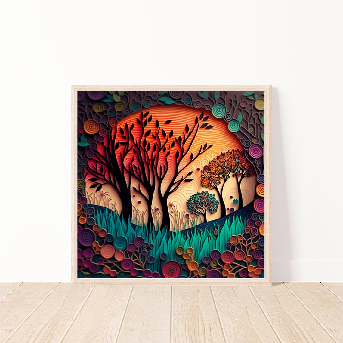 Quilled Paper Forest Sunset Layered Tree Colorful Art Poster