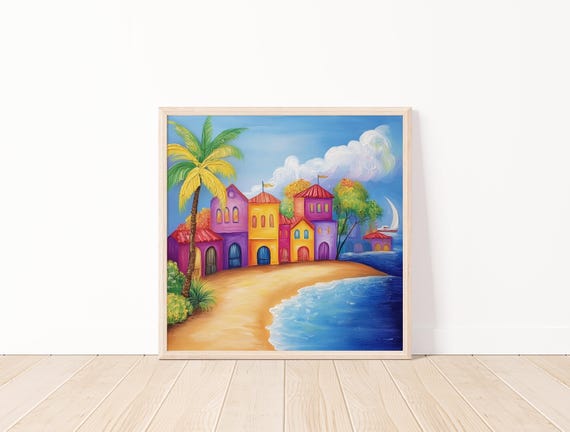 Tropical Beach Scene Colorful Coastal Wall Art Island Paradise Beach House Decor Vibrant Tropical 20x20