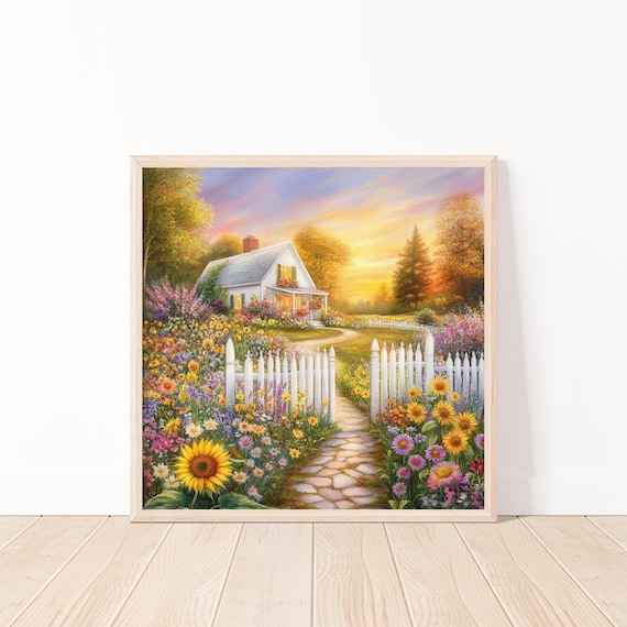 Blooming Flower Garden Cottage White Picket Fence Warm Sunset Poster