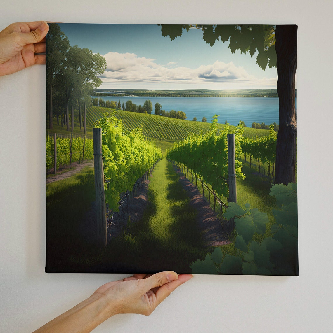 Sunset Vineyard Rows Leading Down to a Blue Lake View Poster - Image 3