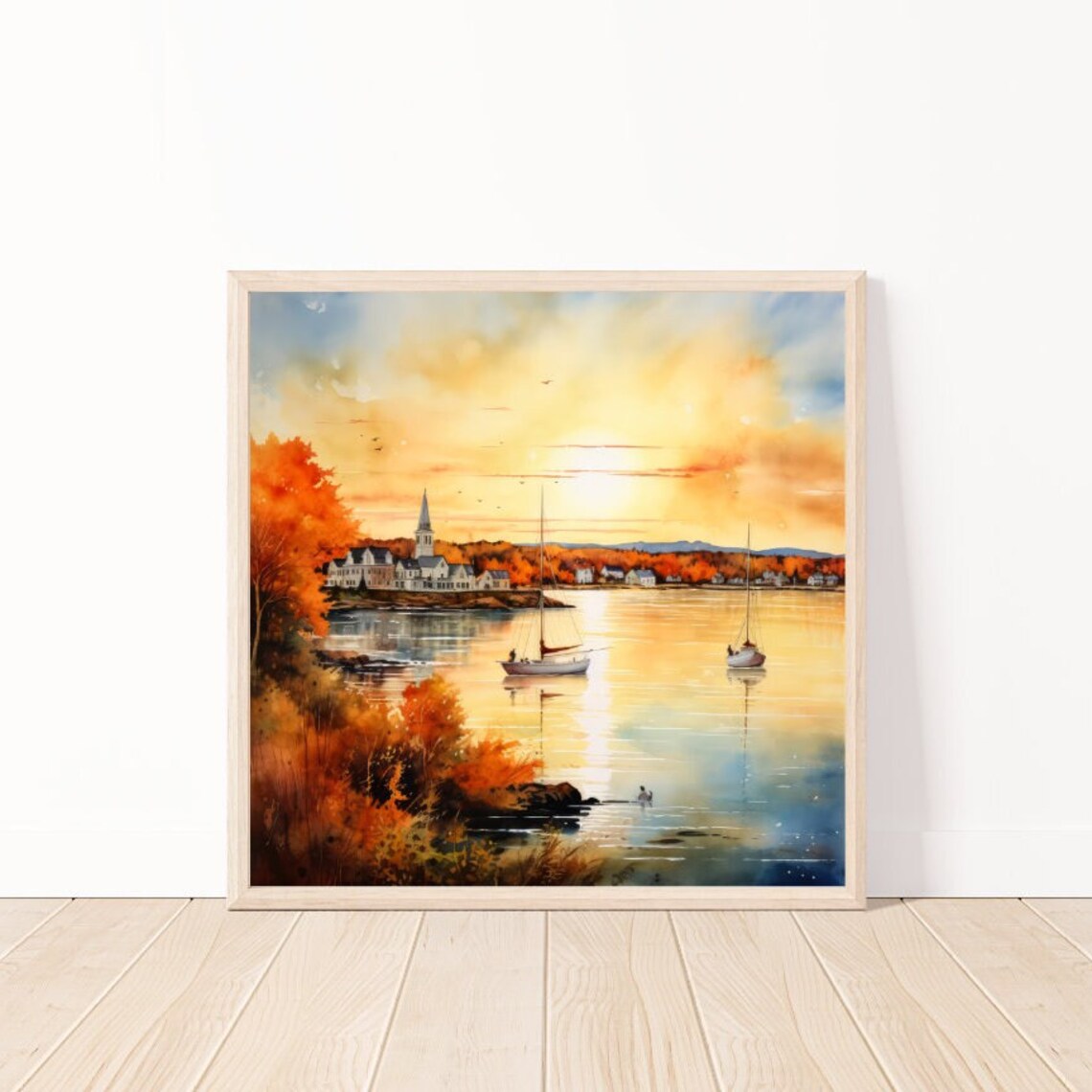 Golden Harbor Sunset Sailboats Autumn Watercolor Coastal Art Poster - Image 5