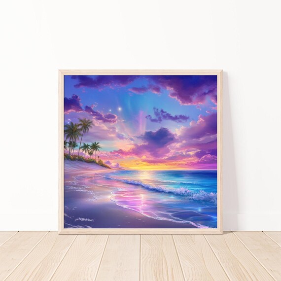 Tropical Beach Sunset Wall Art Colorful Ocean Landscape Poster Instant Decor Seascape Print 20x20