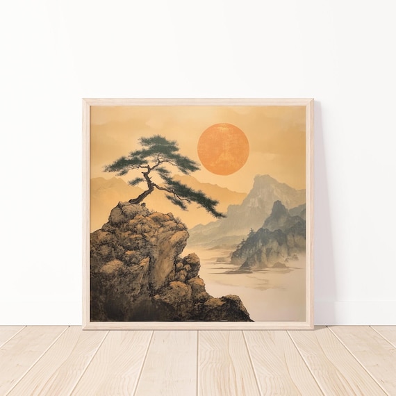 Japanese Sunset Wall Art Print Asian Landscape Serene Mountain Artwork Oriental Ink Illustration Minimalist Decor 20x20