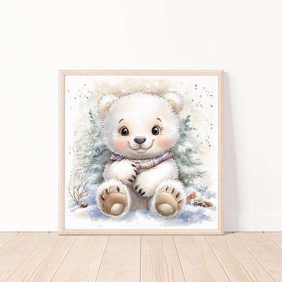 Cute Baby Bear Winter Wonderland Art Nursery Wall Decor Woodland Animal Art Print For Kids Room 20x20