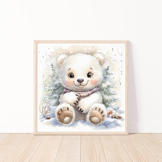 Cute White Teddy Bear With Scarf in a Snowy Winter Scene Poster