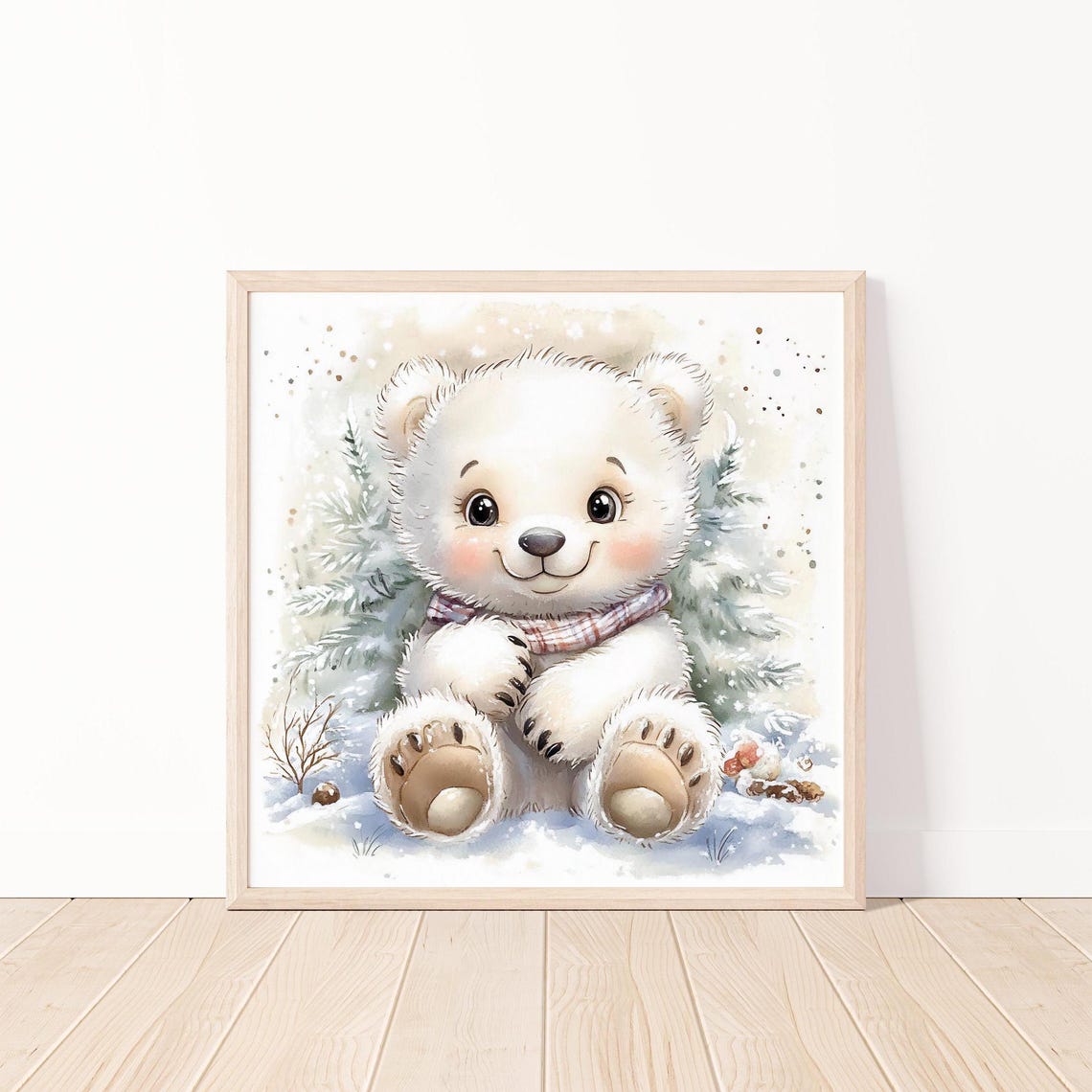 Cute White Teddy Bear With Scarf in a Snowy Winter Scene Poster