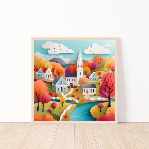 Paper Cut Fall Town With White Church Among Autumn Trees Poster