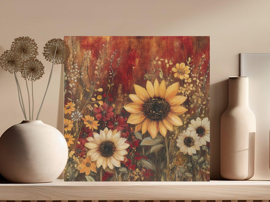 Sunflowers and Wildflowers on a Warm Rustic Red Canvas Poster - Image 3