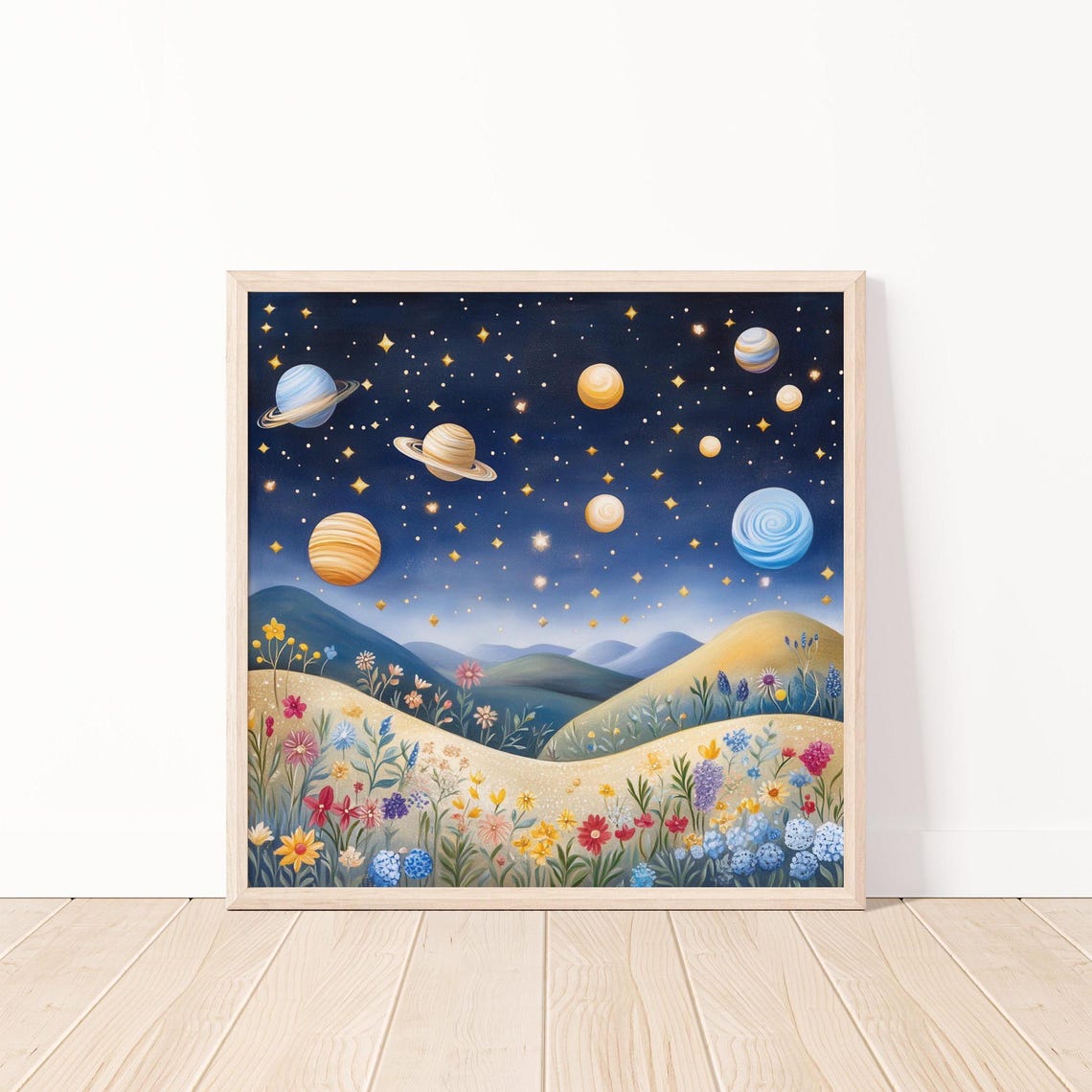 Whimsical Night Sky Planets Wildflower Meadow Fantasy Poster