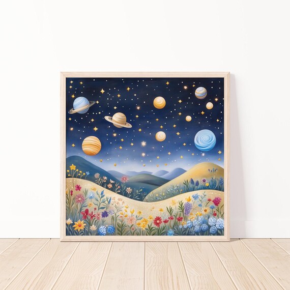 Whimsical Night Sky Planets Wildflower Meadow Fantasy Poster