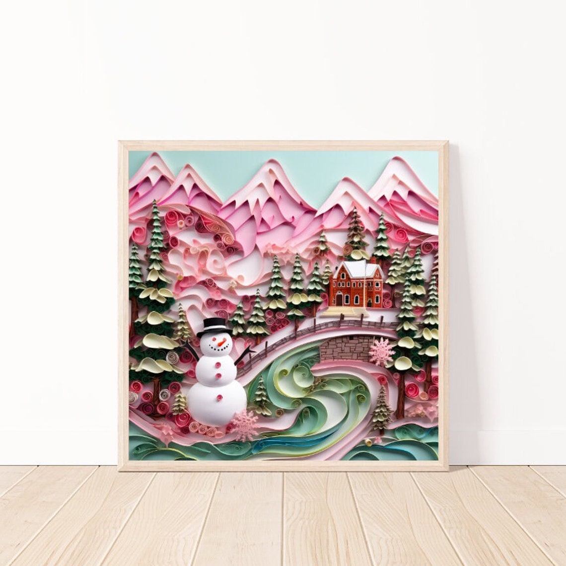 Pink Snowman Craft Paper Wall Art Country Life Decor Holiday Watercolor Art Christmas Craft Paper Art Kids Room Nursery Christmas Art
