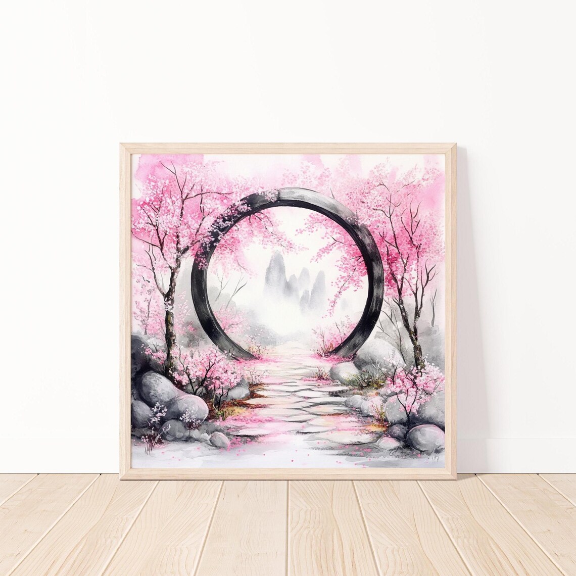 Japanese Moon Gate Garden with Cherry Blossoms Zen Watercolor Poster