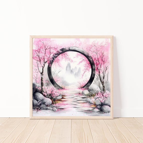 Watercolor Cherry Blossom Landscape Wall Artjapanese Garden Artzen Decordreamy Oriental Scenerypeaceful Nature Poster20x20