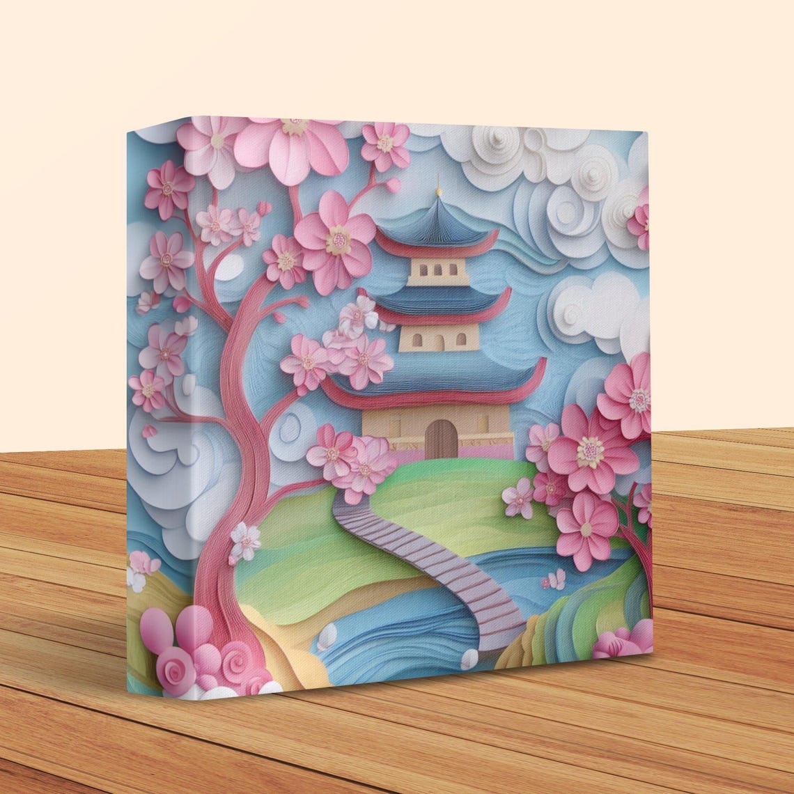 Paper Quilling Japanese Pagoda Surrounded by Cherry Blossoms Poster - Image 2