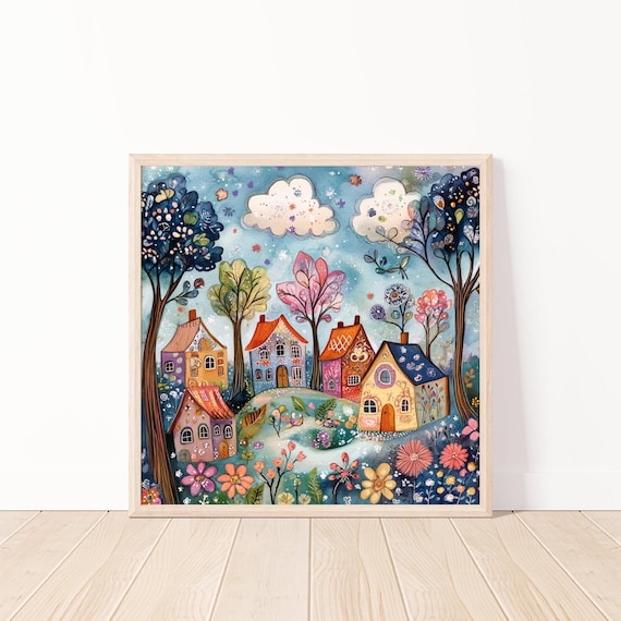 Whimsical Village Art Print Cute Houses Wall Decor Fairy Tale Landscape Kids Instant Nursery 20x20