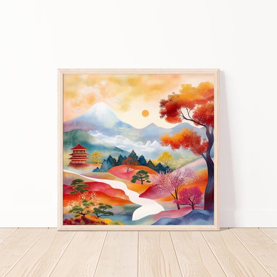 Japanese Landscape Print Sunset Mountain Art Colorful Nature Scenery Tranquil Wall Abstract Asian Poster 20x20