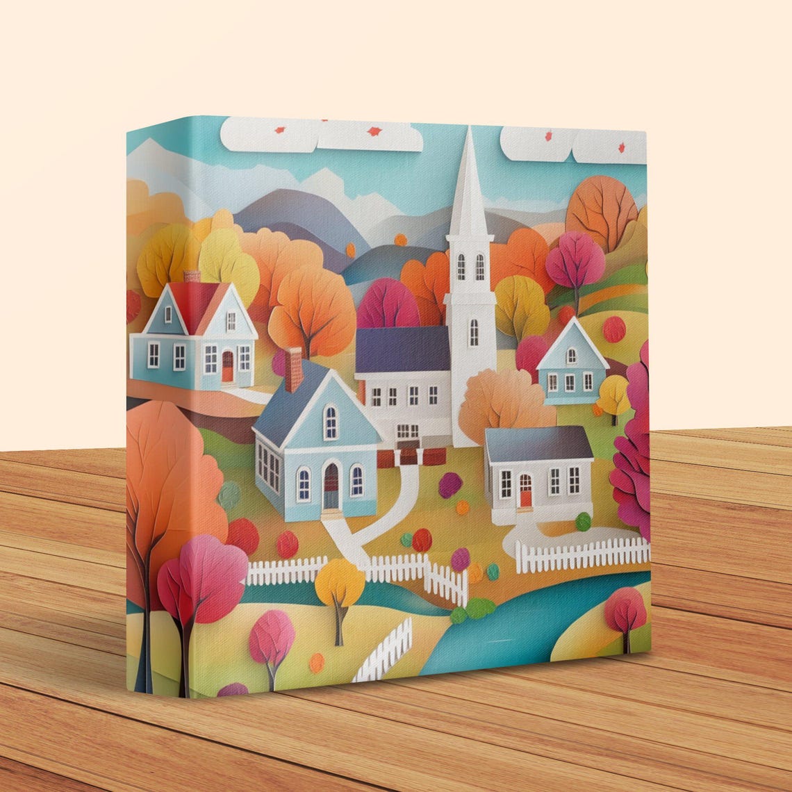 Paper Cut Fall Town With White Church Among Autumn Trees Poster - Image 2