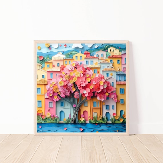 Paper Art Village Wall Colorful Townscape Print Floral Tree Whimsical Cut Scene Cute Home Decor Spring 20x20