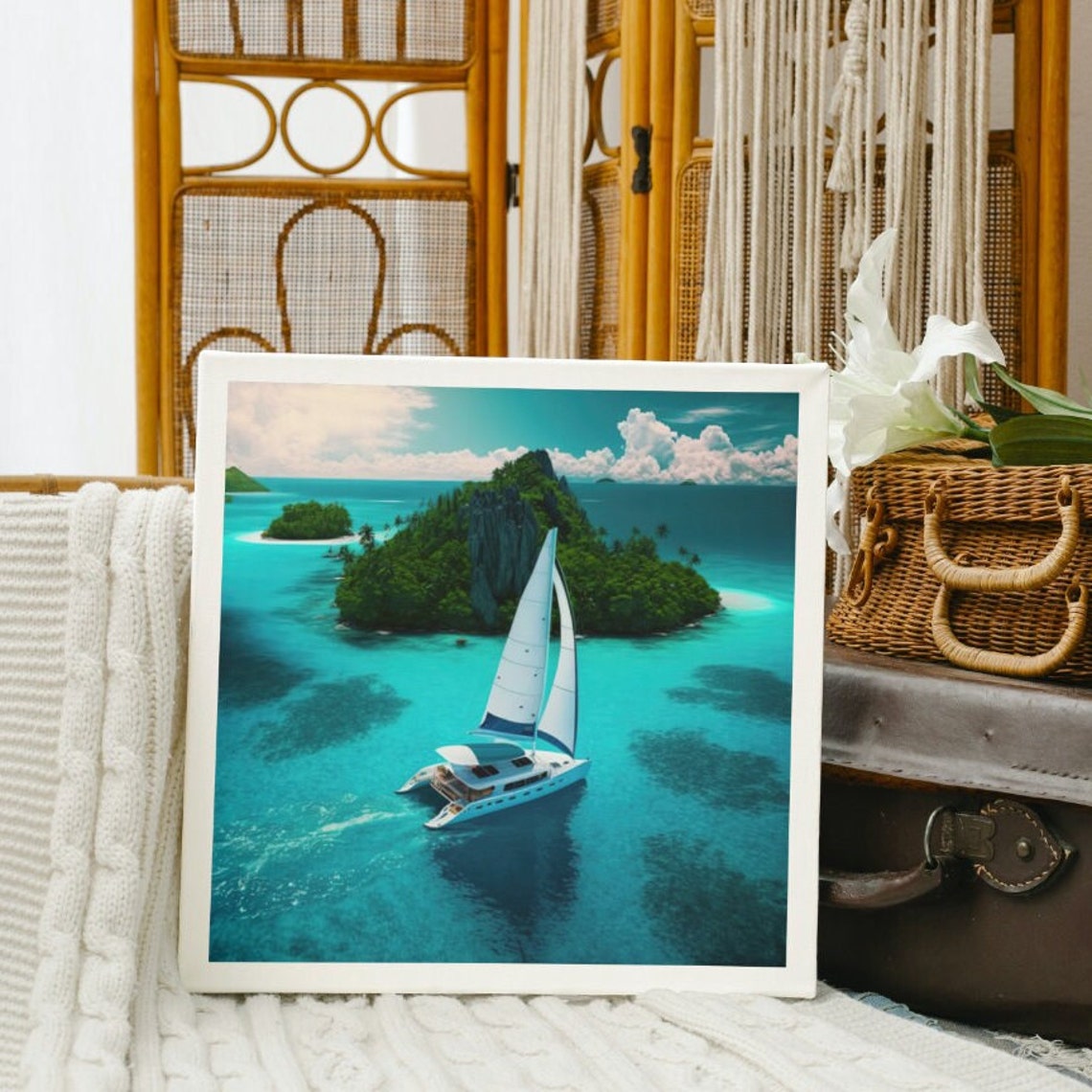 Sailing Catamaran Turquoise Lagoon Tropical Island Escape Art Poster