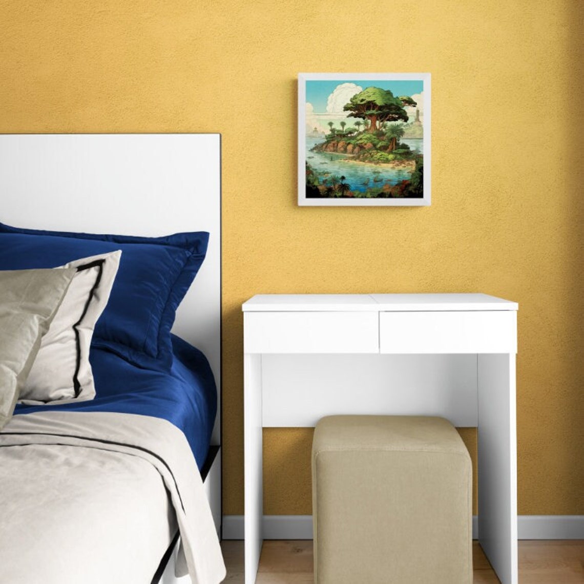 Illustrated Tropical Island Giant Tree Lighthouse Vintage Art Poster - Image 2