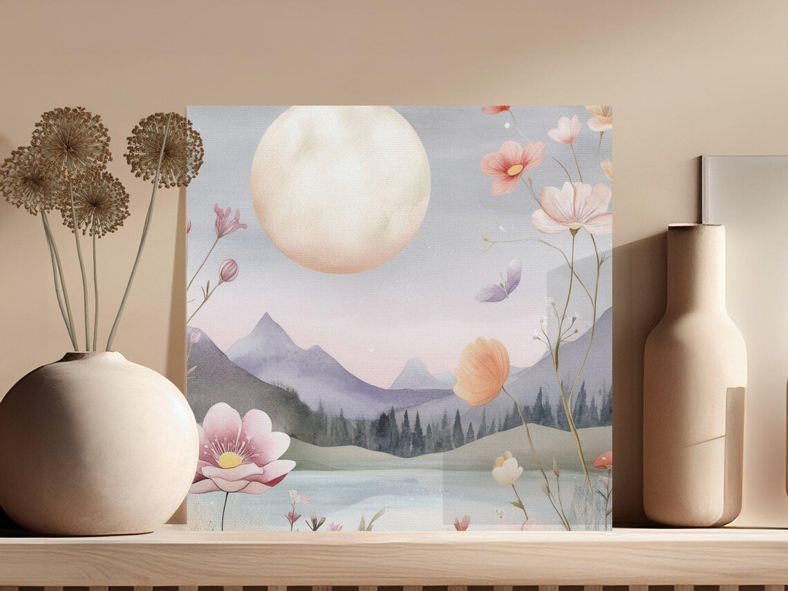 Full Moon Over a Lake With Pastel Wildflowers Watercolor Poster - Image 3