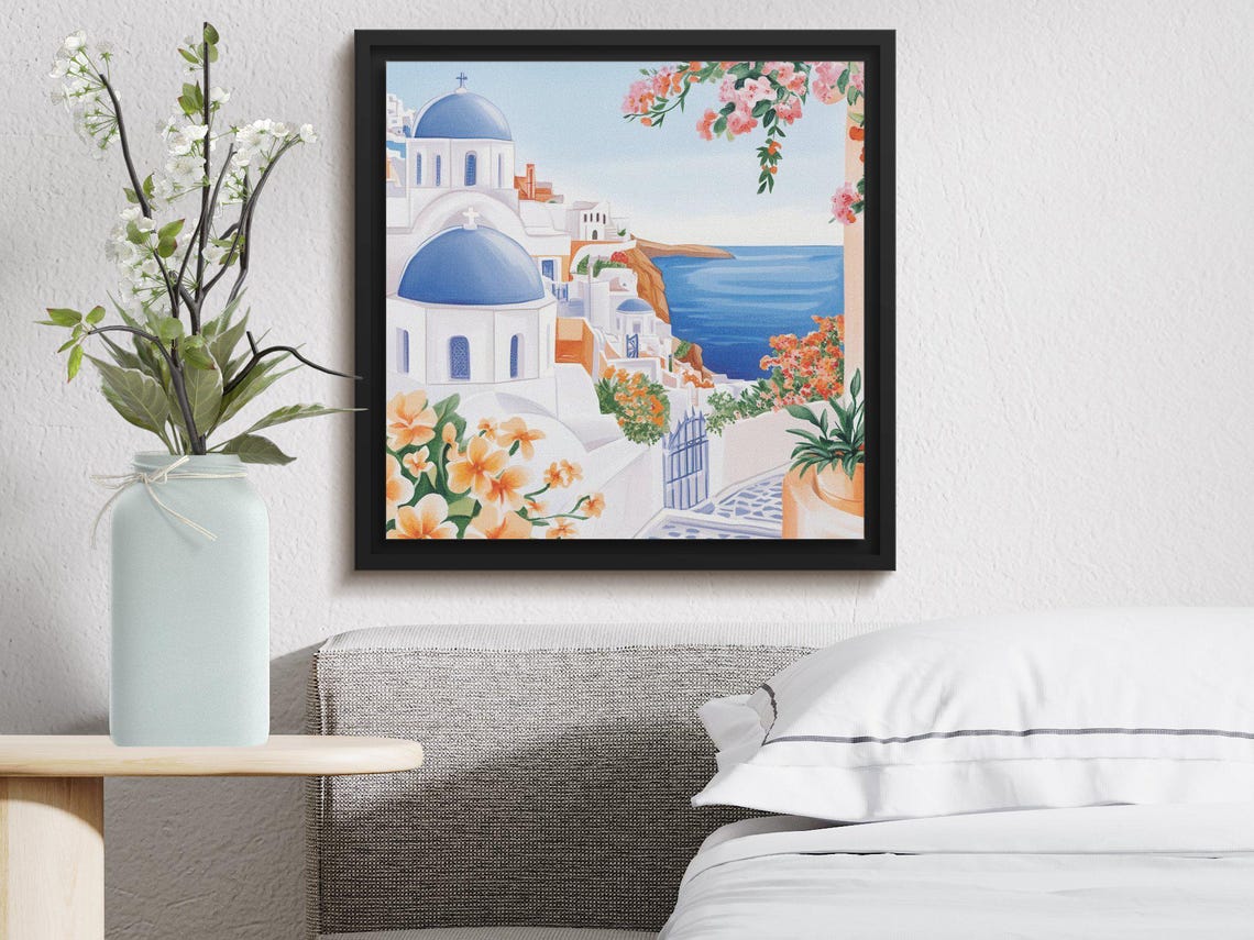 Santorini Blue Domed Churches With Flowers Above the Sea Poster - Image 4