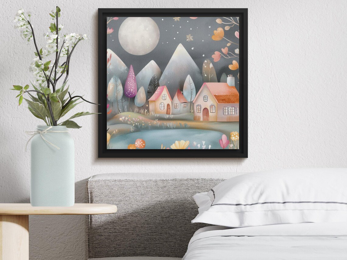 Whimsical Moonlit Village Full Moon Cottages Fantasy Night Scene Poster - Image 4