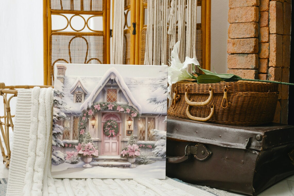 Watercolor Pink Country House at Christmas with Snow Poster Art - Image 2