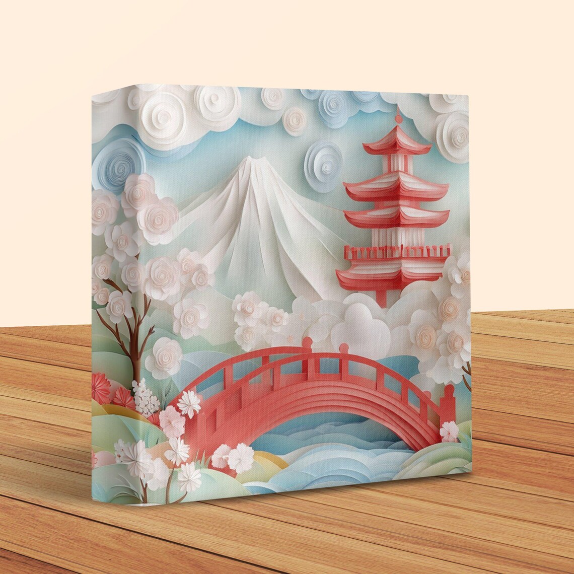 Japanese Landscape, Cherry Blossom Pagoda and Bridge Art Print - Image 2